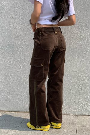 Y2K Cargo Pants with Zipper in Brown and Green - Towel Elastic Material, Trendy Waist-to-Hip Ratio, Urban Street Style