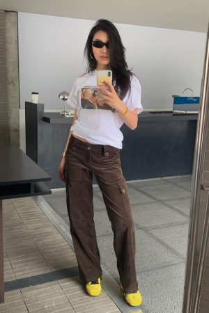 Y2K Cargo Pants with Zipper in Brown and Green - Towel Elastic Material, Trendy Waist-to-Hip Ratio, Urban Street Style