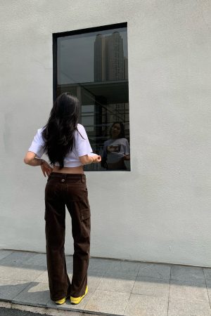 Y2K Cargo Pants with Zipper in Brown and Green - Towel Elastic Material, Trendy Waist-to-Hip Ratio, Urban Street Style