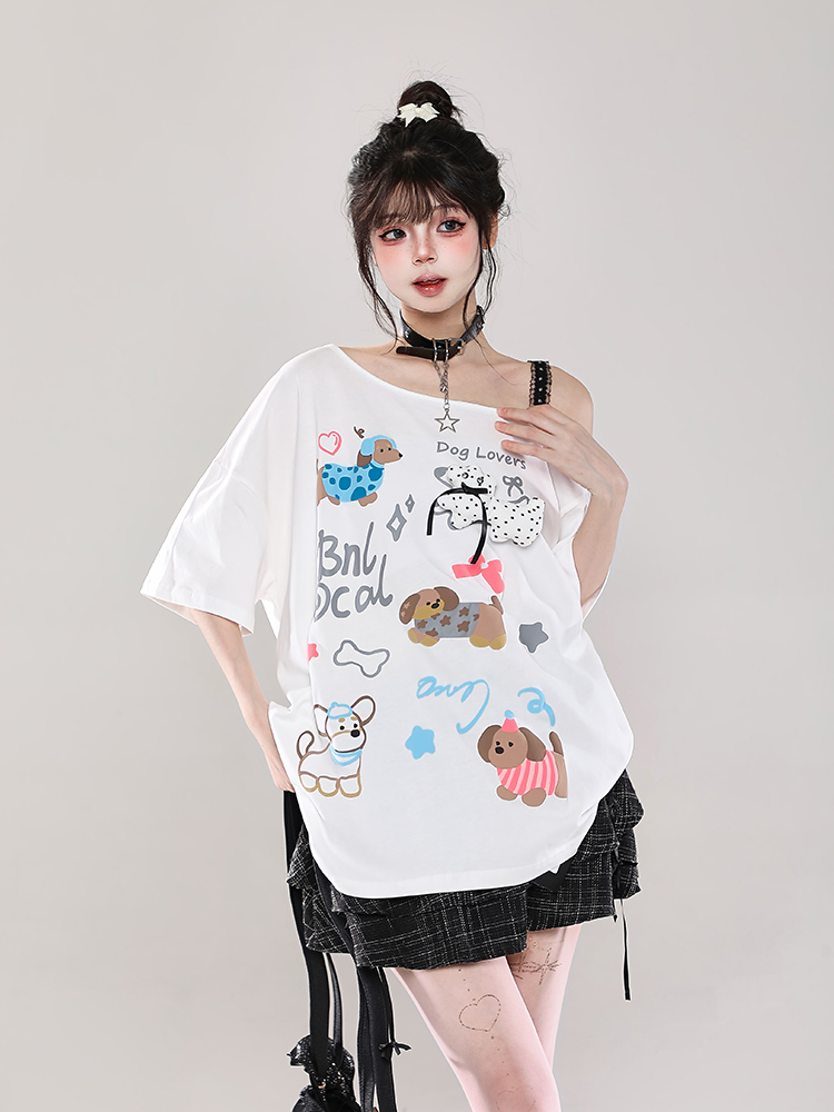 Y2K Cartoon Print Off-Shoulder Lace Short Sleeve T-Shirt for Women - Summer 2025 Sweet and Spicy Loose Casual Top Y2K Cartoon Print Off-Shoulder Lace Short Sleeve T-Shirt for Women - Summer 2025 Sweet and Spicy Loose Casual Top