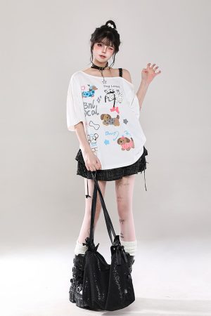 Y2K Cartoon Print Off-Shoulder Lace Short Sleeve T-Shirt for Women - Summer 2025 Sweet and Spicy Loose Casual Top