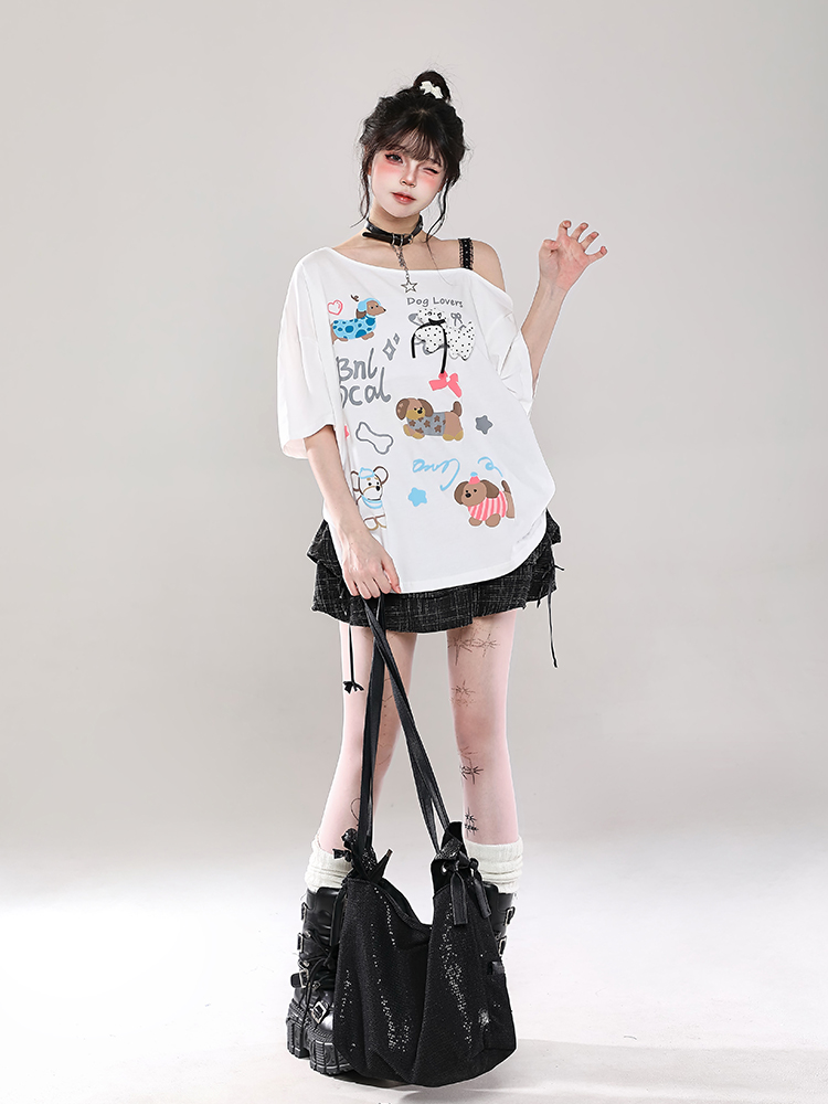 Y2K Cartoon Print Off-Shoulder Lace Short Sleeve T-Shirt for Women - Summer 2025 Sweet and Spicy Loose Casual Top Y2K Cartoon Print Off-Shoulder Lace Short Sleeve T-Shirt for Women - Summer 2025 Sweet and Spicy Loose Casual Top