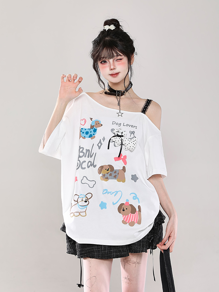 Y2K Cartoon Print Off-Shoulder Lace Short Sleeve T-Shirt for Women - Summer 2025 Sweet and Spicy Loose Casual Top Y2K Cartoon Print Off-Shoulder Lace Short Sleeve T-Shirt for Women - Summer 2025 Sweet and Spicy Loose Casual Top