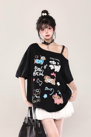 Y2K Cartoon Print Off-Shoulder Lace Short Sleeve T-Shirt for Women - Summer 2025 Sweet and Spicy Loose Casual Top