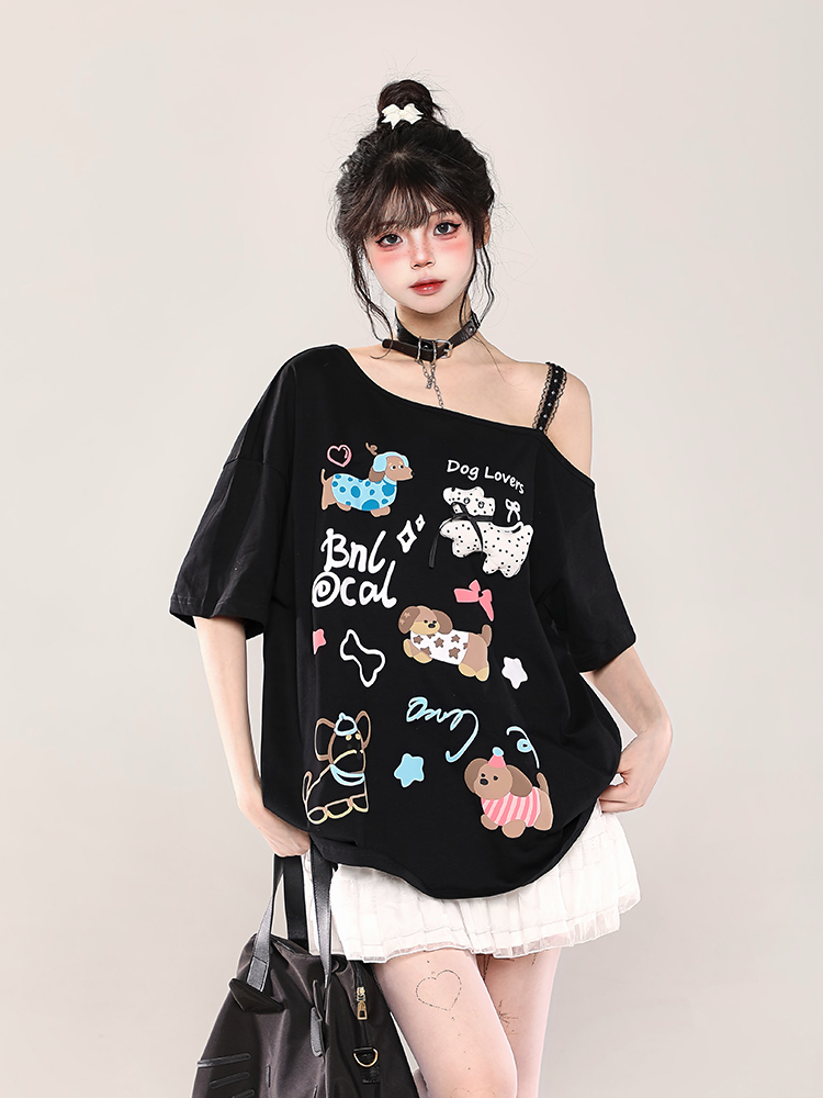 Y2K Cartoon Print Off-Shoulder Lace Short Sleeve T-Shirt for Women - Summer 2025 Sweet and Spicy Loose Casual Top Y2K Cartoon Print Off-Shoulder Lace Short Sleeve T-Shirt for Women - Summer 2025 Sweet and Spicy Loose Casual Top
