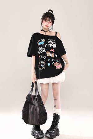 Y2K Cartoon Print Off-Shoulder Lace Short Sleeve T-Shirt for Women - Summer 2025 Sweet and Spicy Loose Casual Top