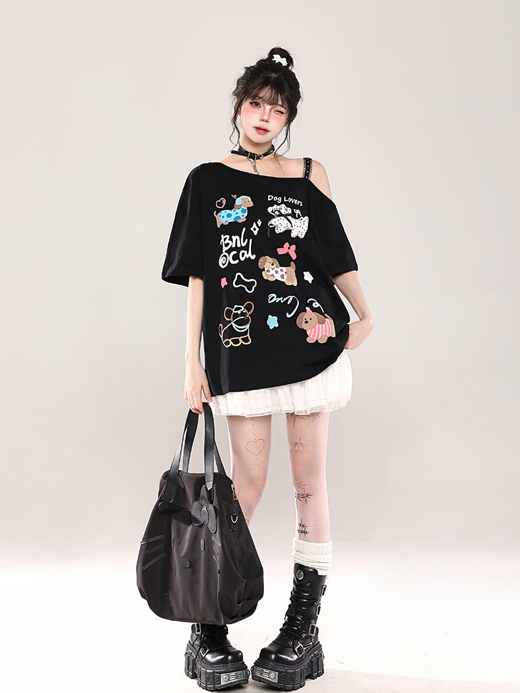Y2K Cartoon Print Off-Shoulder Lace Short Sleeve T-Shirt for Women - Summer 2025 Sweet and Spicy Loose Casual Top Y2K Cartoon Print Off-Shoulder Lace Short Sleeve T-Shirt for Women - Summer 2025 Sweet and Spicy Loose Casual Top