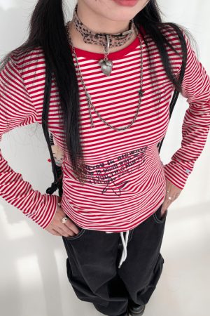 Y2K Color-Block Striped Long Sleeve Tee for Women - Autumn 2024 Trendy Base Top