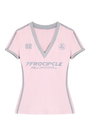 Y2K Color-Blocking Red Cropped T-Shirt for Women - Spicy Girl V-Neck Short Sleeve Slim Fit Summer Top