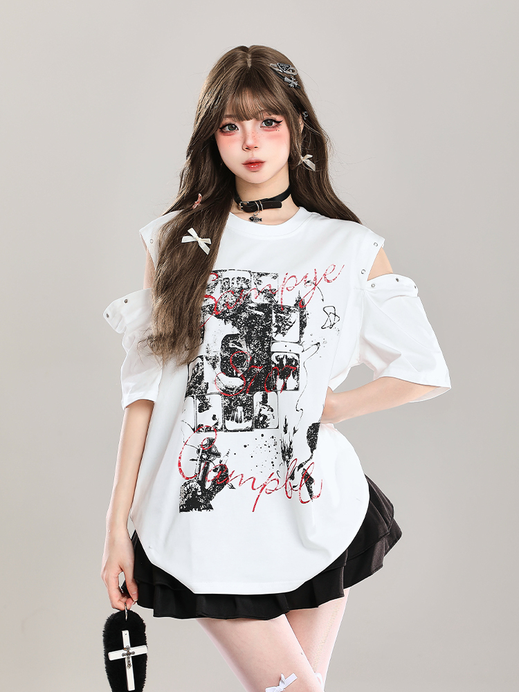 Y2K Off-Shoulder Graffiti Print Short Sleeve T-Shirt for Women - Summer American Style Fashion Top Y2K Off-Shoulder Graffiti Print Short Sleeve T-Shirt for Women - Summer American Style Fashion Top