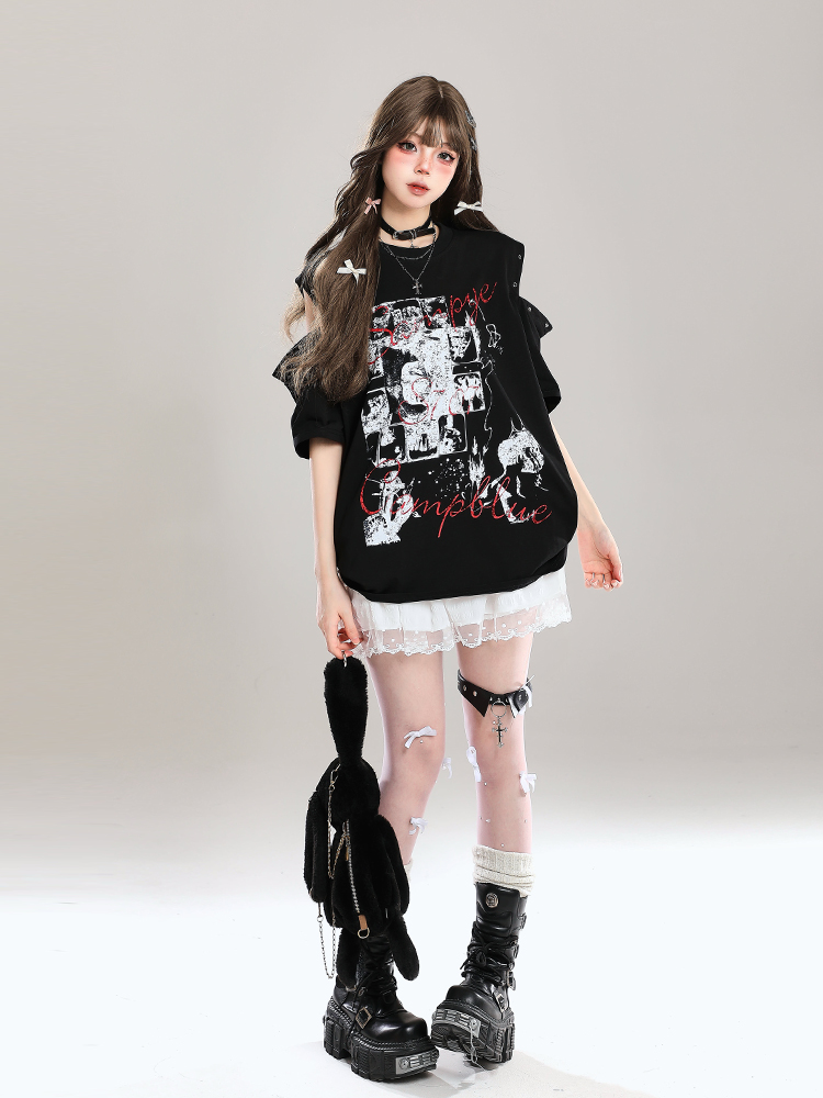 Y2K Off-Shoulder Graffiti Print Short Sleeve T-Shirt for Women - Summer American Style Fashion Top Y2K Off-Shoulder Graffiti Print Short Sleeve T-Shirt for Women - Summer American Style Fashion Top