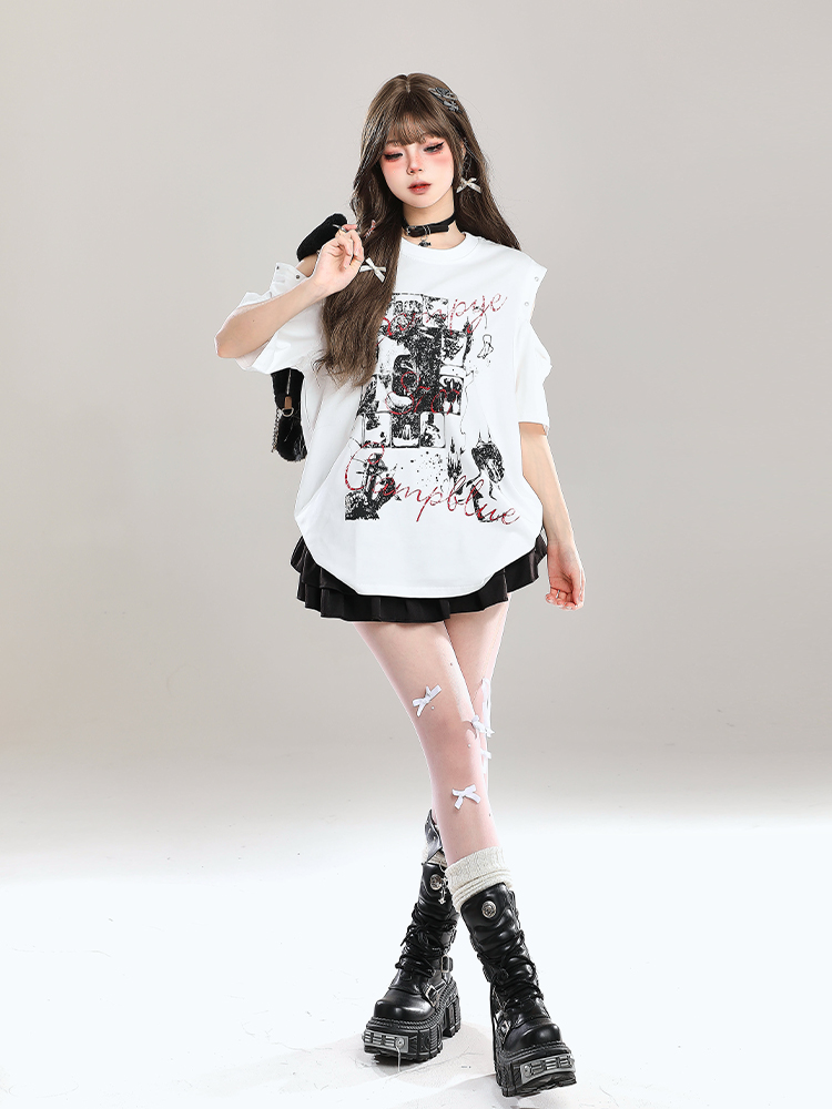 Y2K Off-Shoulder Graffiti Print Short Sleeve T-Shirt for Women - Summer American Style Fashion Top Y2K Off-Shoulder Graffiti Print Short Sleeve T-Shirt for Women - Summer American Style Fashion Top