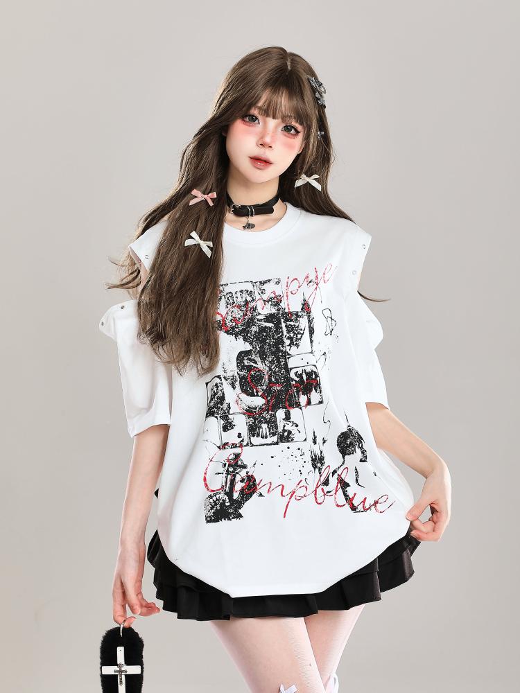 Y2K Off-Shoulder Graffiti Print Short Sleeve T-Shirt for Women - Summer American Style Fashion Top Y2K Off-Shoulder Graffiti Print Short Sleeve T-Shirt for Women - Summer American Style Fashion Top