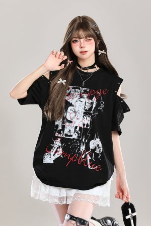 Y2K Off-Shoulder Graffiti Print Short Sleeve T-Shirt for Women - Summer American Style Fashion Top