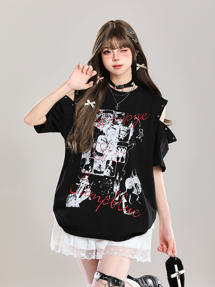 Y2K Off-Shoulder Graffiti Print Short Sleeve T-Shirt for Women - Summer American Style Fashion Top Y2K Off-Shoulder Graffiti Print Short Sleeve T-Shirt for Women - Summer American Style Fashion Top