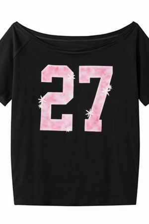 Y2K Off-Shoulder Red T-Shirt for Summer, Loose Fit Short-Sleeve Top with Digital Print, Spicy Girl American Style