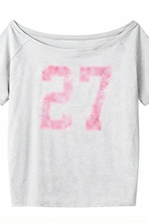 Y2K Off-Shoulder Red T-Shirt for Summer, Loose Fit Short-Sleeve Top with Digital Print, Spicy Girl American Style