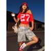 Y2K Off-Shoulder Red T-Shirt for Summer, Loose Fit Short-Sleeve Top with Digital Print, Spicy Girl American Style