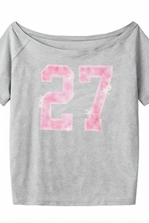 Y2K Off-Shoulder Red T-Shirt for Summer, Loose Fit Short-Sleeve Top with Digital Print, Spicy Girl American Style