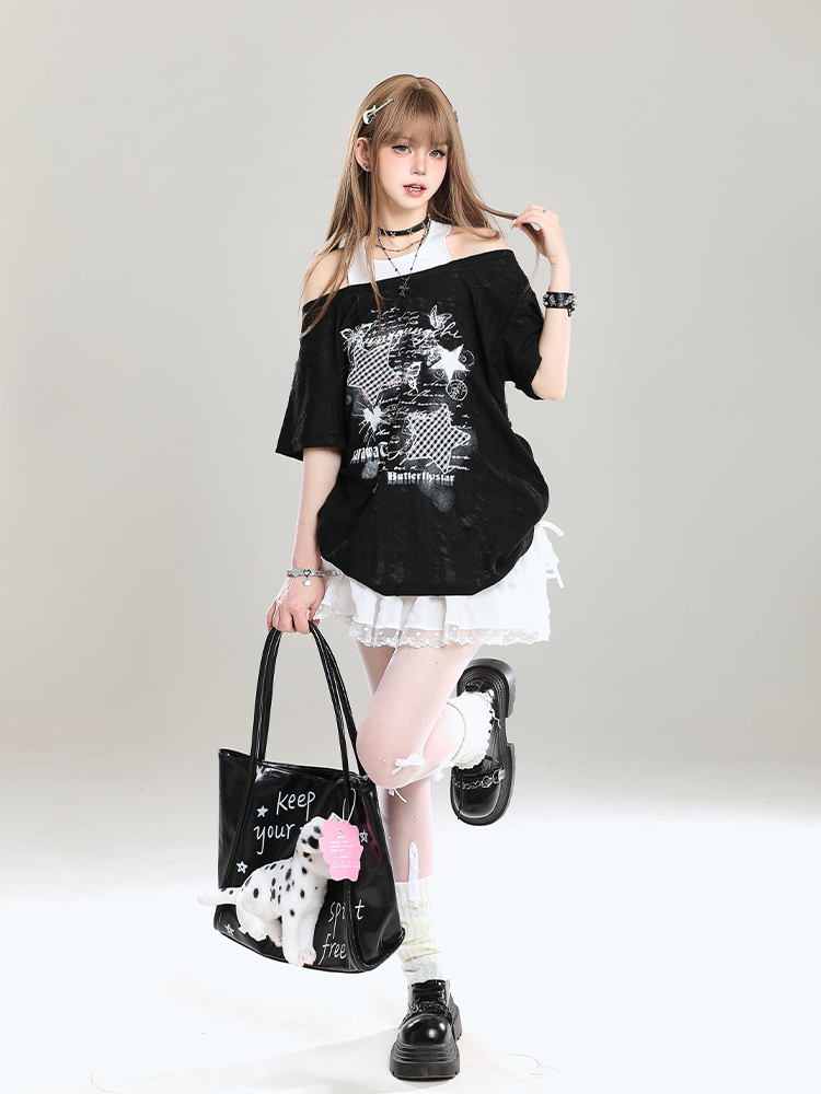 Y2K Style Off-Shoulder Short Sleeve T-Shirt for Women - Loose Fit Two-Piece Summer Top with Slanted Shoulder Design Y2K Style Off-Shoulder Short Sleeve T-Shirt for Women - Loose Fit Two-Piece Summer Top with Slanted Shoulder Design