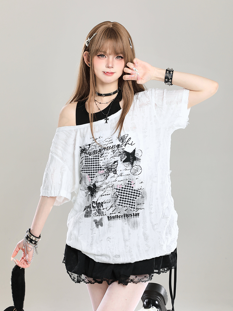 Y2K Style Off-Shoulder Short Sleeve T-Shirt for Women - Loose Fit Two-Piece Summer Top with Slanted Shoulder Design Y2K Style Off-Shoulder Short Sleeve T-Shirt for Women - Loose Fit Two-Piece Summer Top with Slanted Shoulder Design