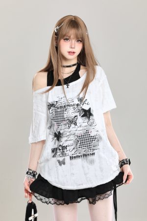Y2K Style Off-Shoulder Short Sleeve T-Shirt for Women - Loose Fit Two-Piece Summer Top with Slanted Shoulder Design