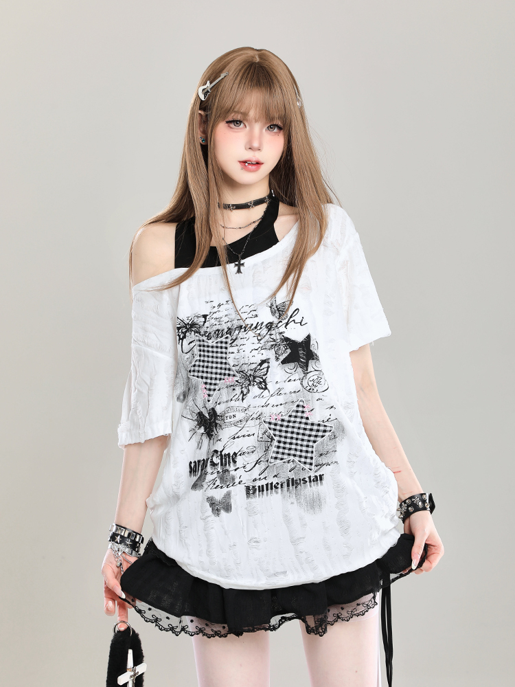 Y2K Style Off-Shoulder Short Sleeve T-Shirt for Women - Loose Fit Two-Piece Summer Top with Slanted Shoulder Design Y2K Style Off-Shoulder Short Sleeve T-Shirt for Women - Loose Fit Two-Piece Summer Top with Slanted Shoulder Design
