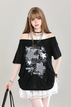 Y2K Style Off-Shoulder Short Sleeve T-Shirt for Women - Loose Fit Two-Piece Summer Top with Slanted Shoulder Design