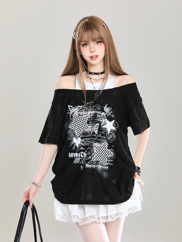 Y2K Style Off-Shoulder Short Sleeve T-Shirt for Women - Loose Fit Two-Piece Summer Top with Slanted Shoulder Design Y2K Style Off-Shoulder Short Sleeve T-Shirt for Women - Loose Fit Two-Piece Summer Top with Slanted Shoulder Design