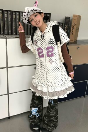 Y2K Style Women's Short Sleeve Dress with Hood, Summer Ruffled Edge, Subculture Millennial Skirt for Trendy Looks