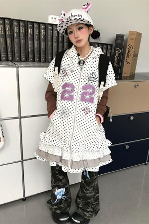 Y2K Style Women's Short Sleeve Dress with Hood, Summer Ruffled Edge, Subculture Millennial Skirt for Trendy Looks