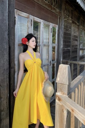 Yellow Backless Halter Dress - Long Beach Skirt for Seaside Vacation - Sexy Summer Style