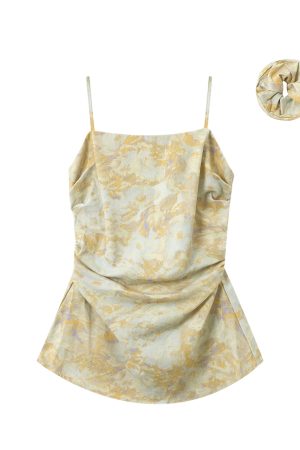 Yellow Gradient Waist-Cinching Camisole with Hair Tie - Unique Summer Vacation Style Sweet Top for Women