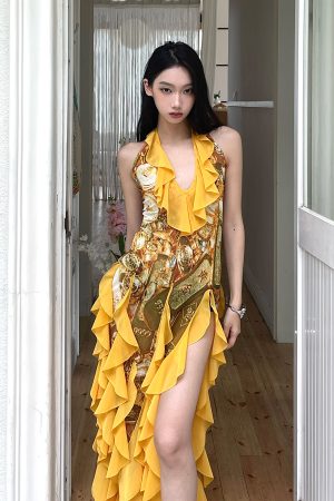 Yellow Ruffled Slim Fit Dress for Women - Summer V-Neck Irregular Skirt, Waist-Defined Hot Girl Style, Perfect for Y2K and 90s Fashion