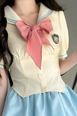Yellow Short-Sleeve Sailor Suit JK Uniform Set with Waist-Cinching Design - Cute Pudding Bear Inspired Look for Y2K Style