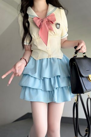 Yellow Short-Sleeve Sailor Suit JK Uniform Set with Waist-Cinching Design - Cute Pudding Bear Inspired Look for Y2K Style
