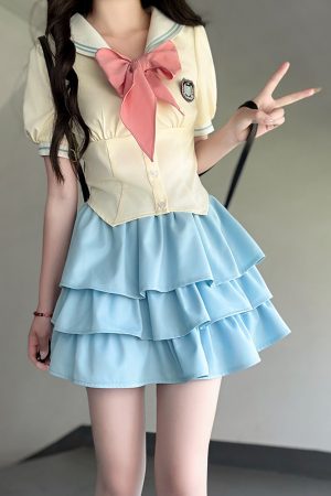 Yellow Short-Sleeve Sailor Suit JK Uniform Set with Waist-Cinching Design - Cute Pudding Bear Inspired Look for Y2K Style