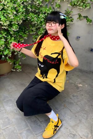 Yellow Short Sleeve T-Shirt for Women - Summer Lazy Cat Print, Loose Fit Round Neck Top, American Style, Casual Everyday Wear