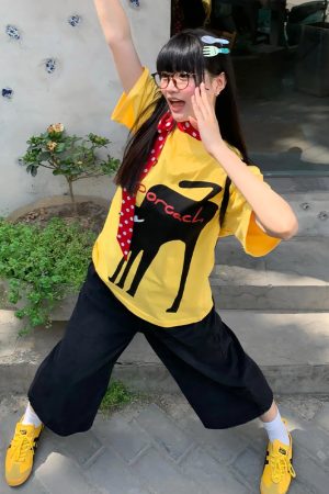 Yellow Short Sleeve T-Shirt for Women - Summer Lazy Cat Print, Loose Fit Round Neck Top, American Style, Casual Everyday Wear