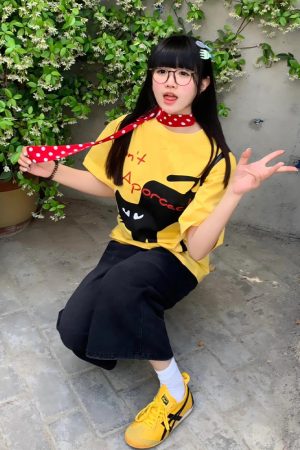 Yellow Short Sleeve T-Shirt for Women - Summer Lazy Cat Print, Loose Fit Round Neck Top, American Style, Casual Everyday Wear