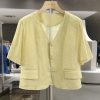 Yellow Small Check Lightweight Suit Jacket for Women, Elegant V-Neck Short Cardigan, 2025 Summer Korean Style Fashion