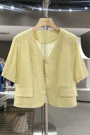 Yellow Small Check Lightweight Suit Jacket for Women, Elegant V-Neck Short Cardigan, 2025 Summer Korean Style Fashion