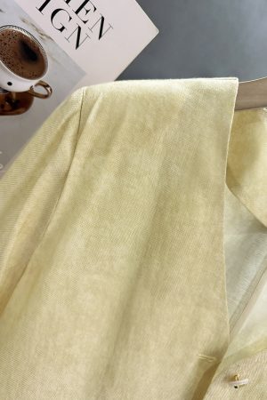 Yellow Small Check Lightweight Suit Jacket for Women, Elegant V-Neck Short Cardigan, 2025 Summer Korean Style Fashion