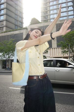 Yellow Striped Short-Sleeve T-Shirt for Women - Retro American Style, Summer Vacation Top, Trendy Instagram Fashion