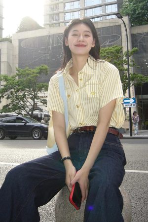 Yellow Striped Short-Sleeve T-Shirt for Women - Retro American Style, Summer Vacation Top, Trendy Instagram Fashion