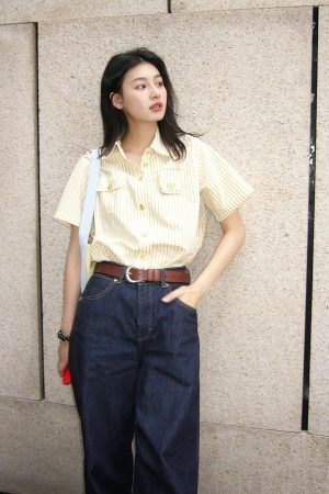 Yellow Striped Short-Sleeve T-Shirt for Women - Retro American Style, Summer Vacation Top, Trendy Instagram Fashion